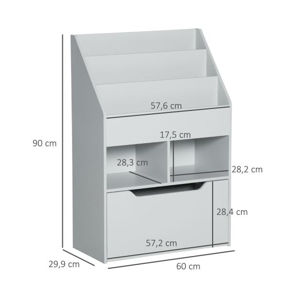 Estante de Madeira para Brinquedos com 3 Compartimentos 2 Prateleiras e Gaveta Móvel com 4 Rodas 60x29,9x90cm Cinza