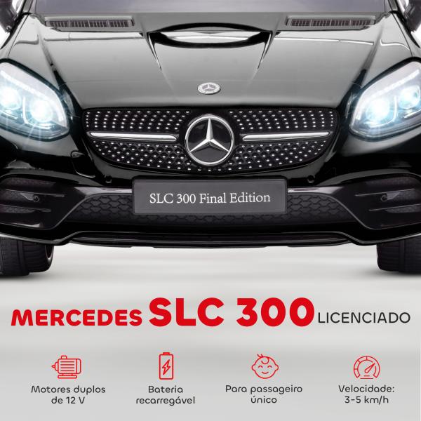 Carro Elétrico Mercedes SLC 300 12V com Controlo Remoto Faróis LED Música TF USB e Abertura da Porta 3 - 5km/h 107x62,5x44 cm Preto