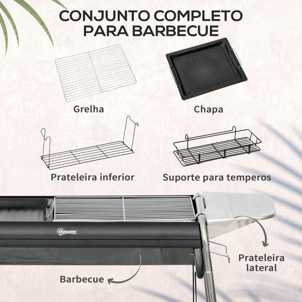 Barbecue a Carvão Portátil com Grelha de Aço Inoxidável Prateleira para Temperos e Prateleira de Armazenamento 96x61x72 cm Preto