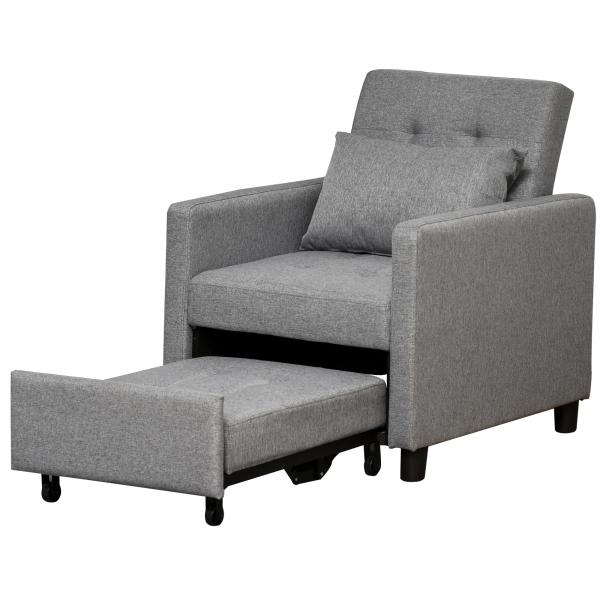 Sofá - cama Individual Poltrona com encosto reclinável Almofada removível Assento acolchoado e 4 rodas 69x82.5x84 cm Cinza