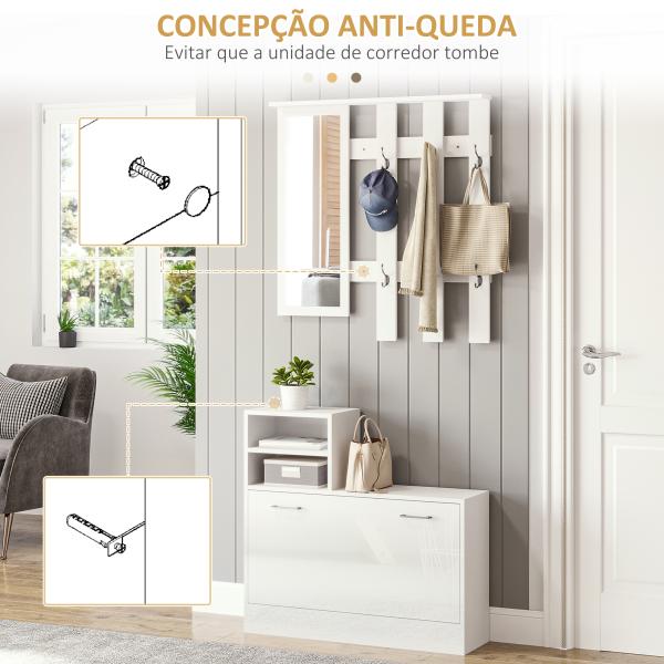 Móvel Cabide de Entrada com Espelho Cabide e Sapateira com 6 Ganchos e Prateleiras para 8 Pares de Sapatos Branco Brilhante
