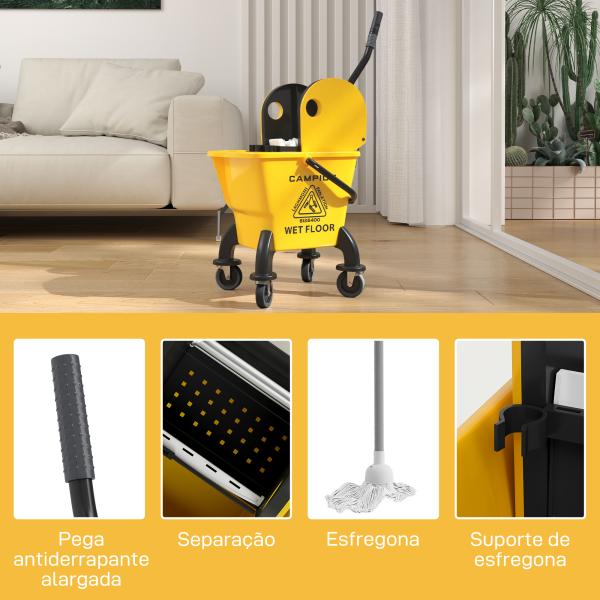 Balde de Esfregona com Rodas Espremedor Desmontável de Pressão para Baixo Capacidade 26 L Inclui Esfregona e Asa 45x31x90 cm Amarelo