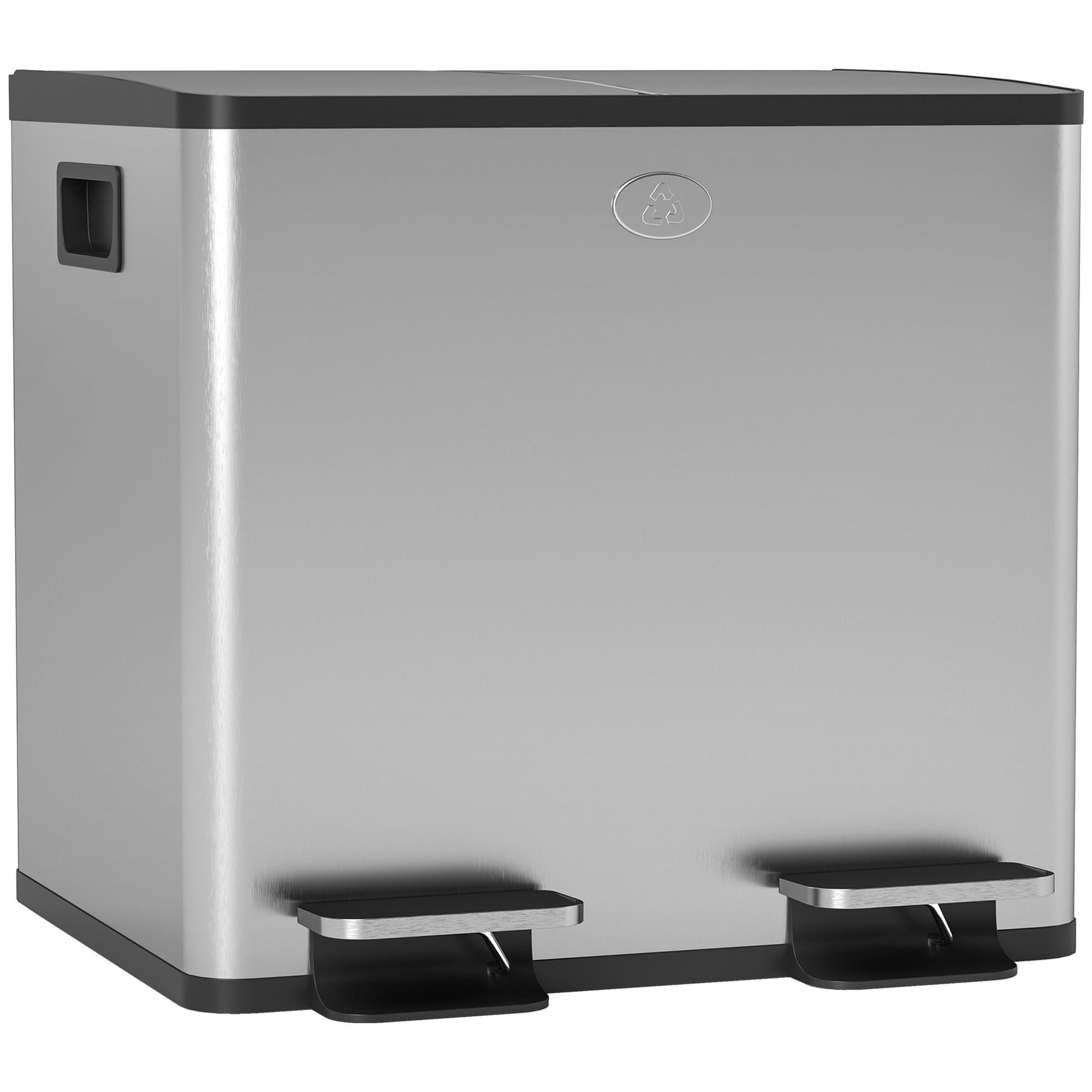 Balde de Lixo de Cozinha com 2 Compartimentos 2x15L Fechamento Suave e Rolo de 30 Bolsas de Lixo 41,7x36,6x43,2 cm Prata