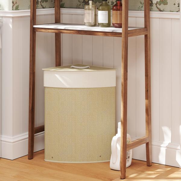 Cesto para Roupa Suja de Bambu de 55L com Tampa e Asa Saco Extraível e Lavável para Casa de Banho Quarto, 35x35x60 cm Creme