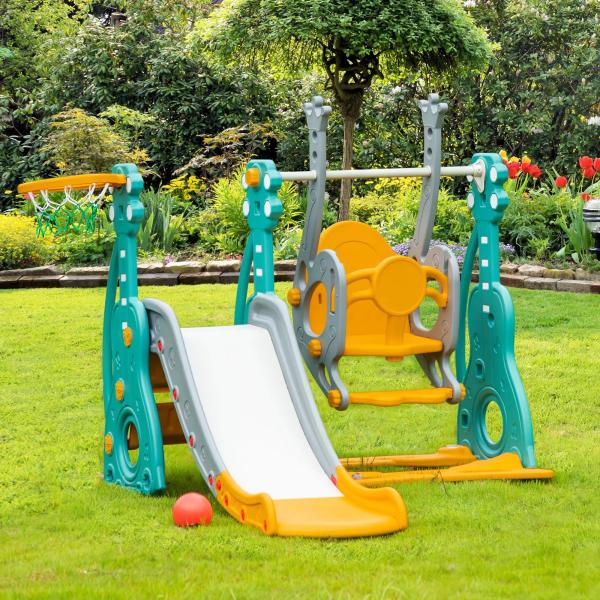 Escorega Infantil com Baloiço e Cesta de Basquetebol 3 em 1 para 18 - 36 Meses com Assento Ajustável Parque Infantil para Interior e Exterior 152x149x107cm Multicor