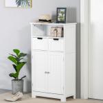 Kleanklin Armário de Casa de Banho com 2 Portas Prateleira Ajustável 2 Gavetas e Compartimento Aberto Móvel Auxiliar de Armazenamento para Sala de Estar Cozinha 60x30x108,8cm Branco