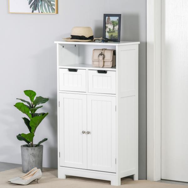 Kleanklin Armário de Casa de Banho com 2 Portas Prateleira Ajustável 2 Gavetas e Compartimento Aberto Móvel Auxiliar de Armazenamento para Sala de Estar Cozinha 60x30x108,8cm Branco