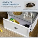Comedouro Elevado para Cães com 2 Tigelas 2000ml de Aço Inoxidável Gaveta Oculta com Suporte de Madeira 60x30x36cm Branco