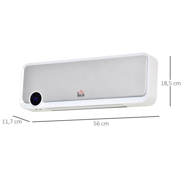 Aquecedor Cerâmico de Parede 1000W/2000W com Controle Remoto Tela LED Temporizador de 12h Termostato e Proteção contra Superaquecimento 56x18,5x11,7cm Branco