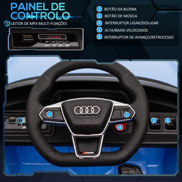 Carro Elétrico AUDI RS E - Tron GT 12V com 2 Motores Controlo Remoto Faróis LED Buzina Música USB 3 - 5km/h 103x58x41cm Azul