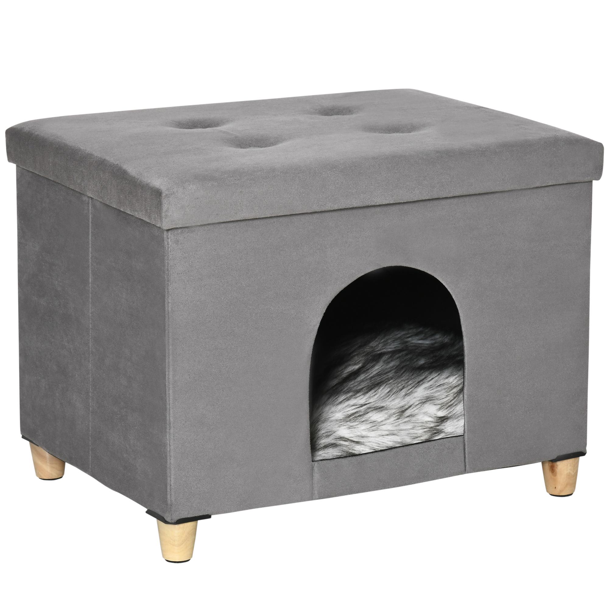 Caverna para Gatos 2 em 1 Banco para Apoio dos Pés com Tampa Removível Orifício de Entrada Almofada Lavável e Pés Elevados de Madeira para Interior 60x45x44,5cm Cinza