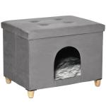 Caverna para Gatos 2 em 1 Banco para Apoio dos Pés com Tampa Removível Orifício de Entrada Almofada Lavável e Pés Elevados de Madeira para Interior 60x45x44,5cm Cinza