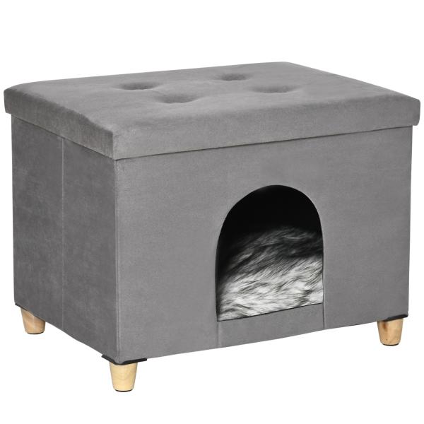 Caverna para Gatos 2 em 1 Banco para Apoio dos Pés com Tampa Removível Orifício de Entrada Almofada Lavável e Pés Elevados de Madeira para Interior 60x45x44,5cm Cinza