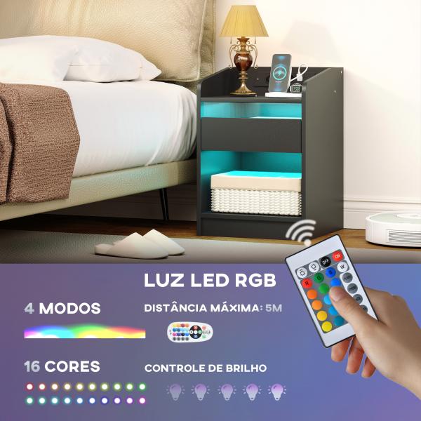 Mesa de Cabeceira com Luzes LED Gaveta Prateleira Estação de Carregamento Entrada USB e Controlo Remoto 40x40x58 cm Branco