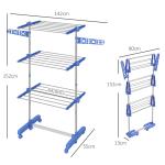 Estendal para Roupa Dobrável 80x55x152cm com 6 Rodas e 3 Prateleiras com Altura Ajustável de Aço Inoxidável Prata e Azul