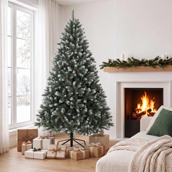 Árvore de Natal Artificial 180 cm com 802 Pontas Efeito Nevado, 59 Pinhas e Base Metálica Dobrável Verde e Branco