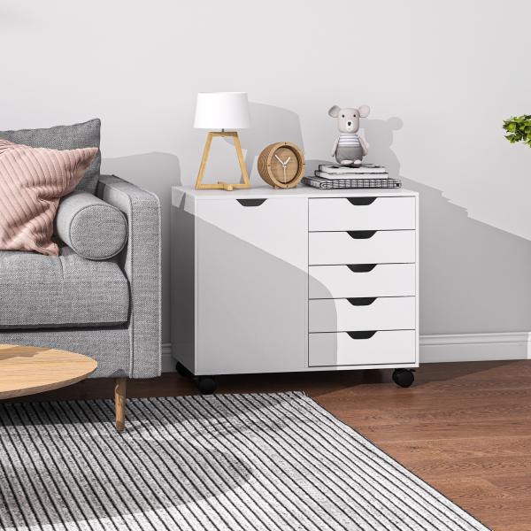 Gaveteiro de Escritório com Rodas, 5 Gavetas, Prateleira Ajustável e Suporte para Impressora, 78x40x66,5 cm, Branco