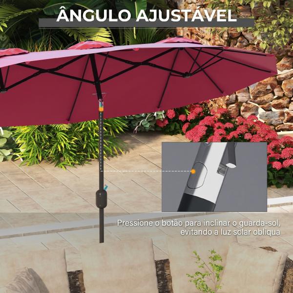 Chapéu de Sol Duplo Chapéu de Sol de Jardim com Inclinação de 45° Manivela Estrutura de Aço 295x152x222 cm Vermelho