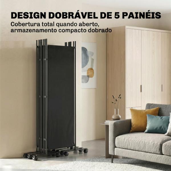Biombo Dobrável de 5 Painéis com 12 Rodas 252x170 cm Biombo Separador de Ambientes Preto