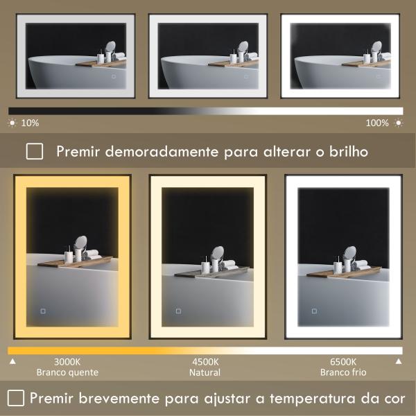 Espelho Casa de Banho com Luz LED 80x60 cm Iluminação Ajustável Função Anti - Embaciamento Função Memória Preto