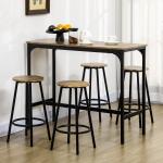 Conjunto de Móveis Altos de Bar com 5 Peças Mesa de Refeição Industrial e 4 Bancos Redondos Marrom Rústico e Preto