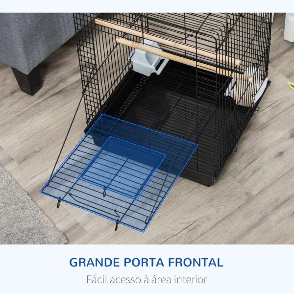 Gaiola para Pássaros com Teto Abatível 2 Poleiros 2 Comedouros e Bandeja Amovível para Canários Periquitos 40x40x59 cm Preto