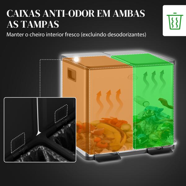 Balde de Lixo de Cozinha com 2 Compartimentos 2x15L Pedal Tampa de Fechamento Suave e Cubo Amovível Prata