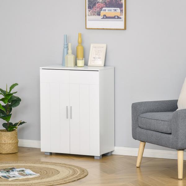 kleanklin Armário de Casa de Banho com 2 Portas e 2 Prateleiras Ajustáveis em 7 Níveis Móvel Auxiliar de Armazenamento para Sala de Estar Cozinha 60x30x80cm Branco