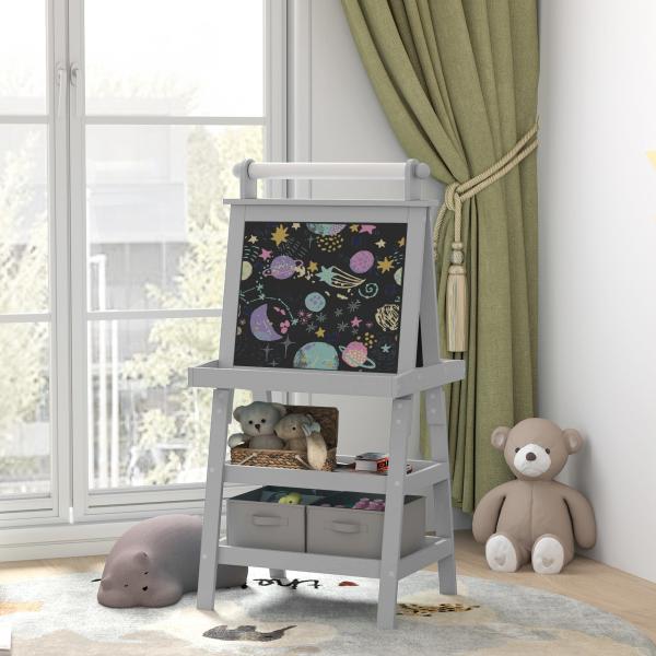 Cavalete de Pintura Infantil 3 em 1 Quadro Dupla Face com Rolo de Papel e Cestos de Arrumação Cinzento