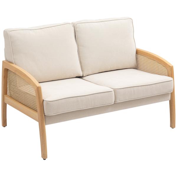 Sofá de 2 Lugares Estofado em Chenille com 2 Almofadas Laváveis e Apoio para os Braços em Vime Sintético 123x75x88 cm Bege