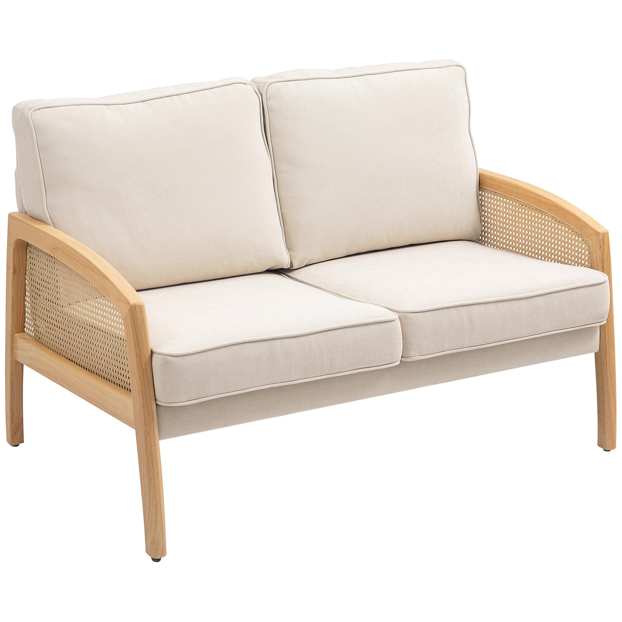 Sofá de 2 Lugares Estofado em Chenille com 2 Almofadas Laváveis e Apoio para os Braços em Vime Sintético 123x75x88 cm Bege