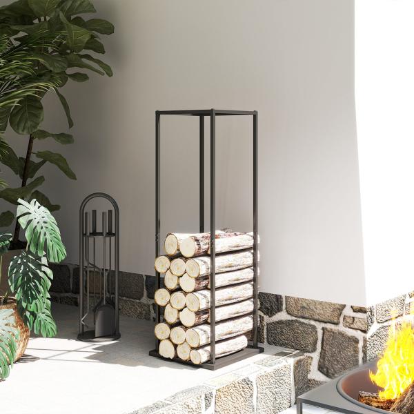 Suporte para Lenha Metálico para Lareira com Base Elevada Capacidade de 100 kg 33x33x110 cm Preto