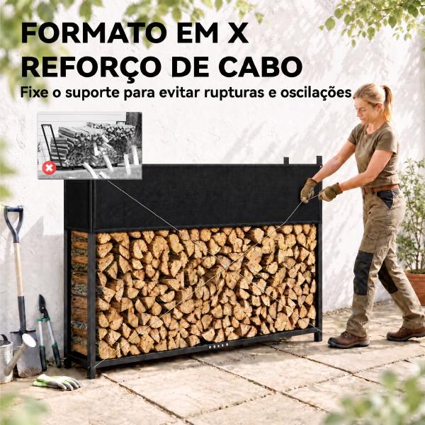 Lenheiro com Capa Oxford 600D e Cabos, Estrutura em Aço Galvanizado, Carga 500 kg, para Interior e Exterior, Preto