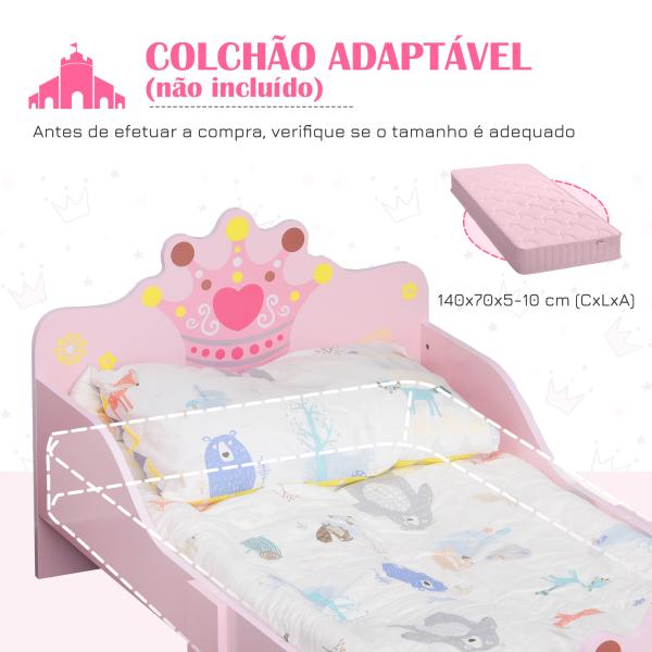 Cama Infantil +3 Anos 143x73x60 cm com Estampado Coroa Carga 50 kg para Quarto Rosa