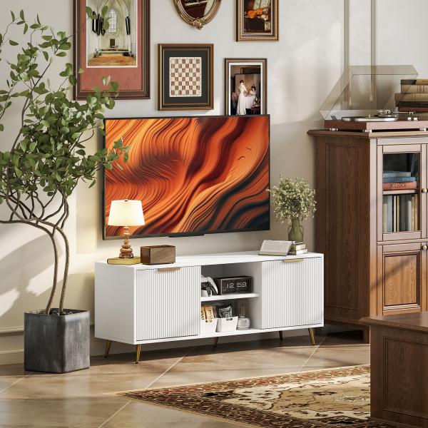 Móvel de TV Moderno Móvel de TV para Sala de Estar com 2 Compartimentos Abertos para Televisores de 55 Polegadas 120x35x48 cm Branco