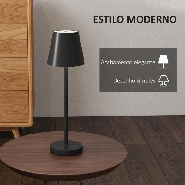 Candeeiro de Mesa com Luzes LED Candeeiro de Mesa Sem Fios Recarregável por USB - C 3 Cores Ø11,2x36,5 cm Preto