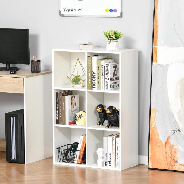 Estante para Livros Estante de Madeira de 3 Níveis com 6 Compartimentos de Armazenamento 65,5x30x97,5 cm Branco