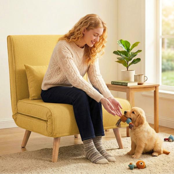 Sofá - Cama Individual Dobrável com Encosto Ajustável em 5 Posições, Sofá - Cama Estofado com Almofada 72x75x85 cm Amarelo
