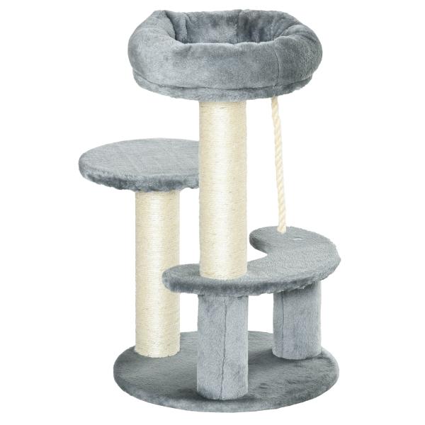 Árvore Arranhador para Gatos Ø40x65 cm com Cama Plataformas em Pelúcia Corda Suspensa e Poste com Corda de Sisal Cinza