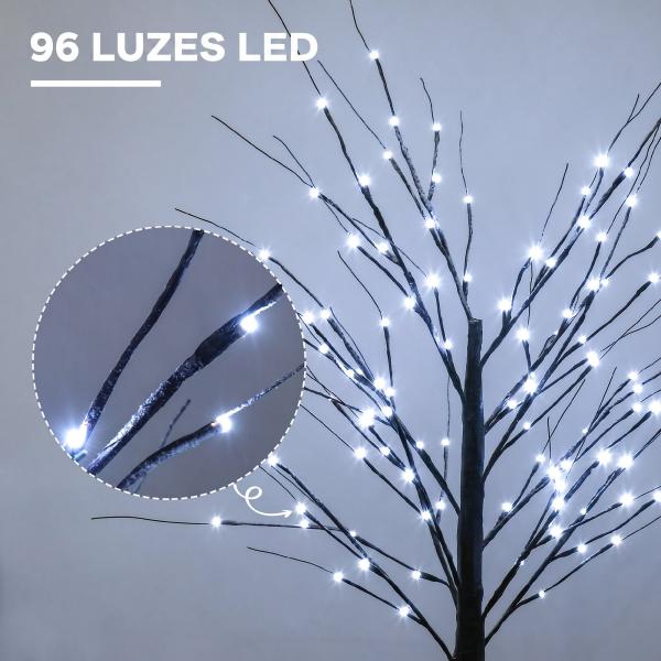 Árvore de Vidoeiro Artificial 150 cm com 96 LEDs Branco Frio, Neve Artificial, Base Metálica e Decoração de Natal Castanha