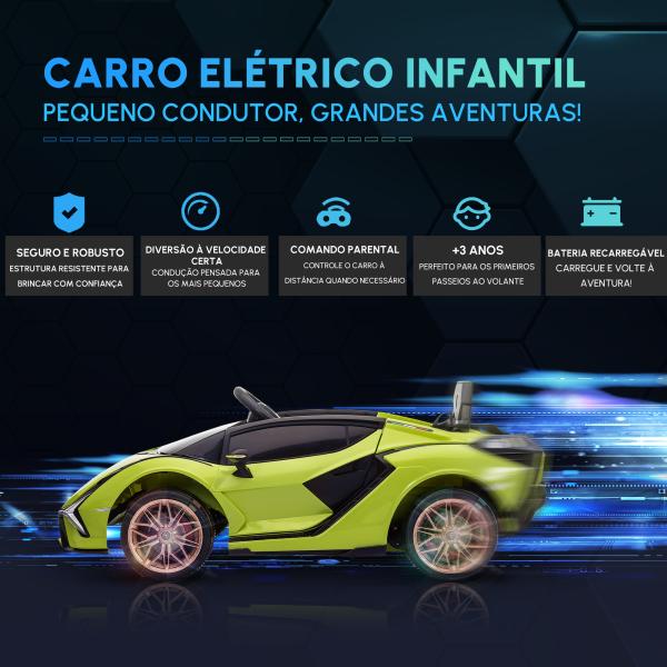 Carro Elétrico Infantil Lamborghini SIAN 12V para Crianças de 3 - 8 anos com Controle Remoto Abertura da Porta Música MP3 USB e Faróis 108x62x40 cm Verde