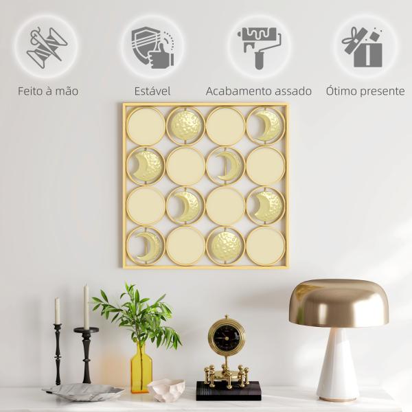 Decoração de Parede Metálica de Fases Lunares com 16 Discos para Sala Quarto Corredor 67,9x67,9 Dourado