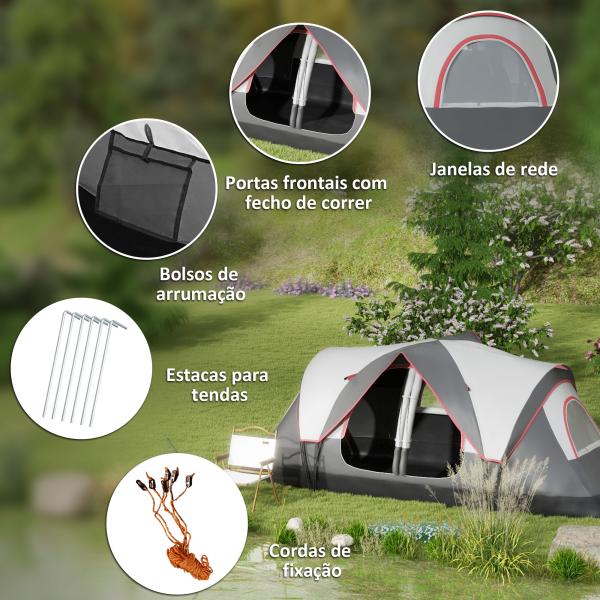 Tenda de Campismo Familiar para 5 - 6 Pessoas Dobrável com 2 Quartos e Bolsa de Transporte Impermeável 450x215x180 cm Cinza