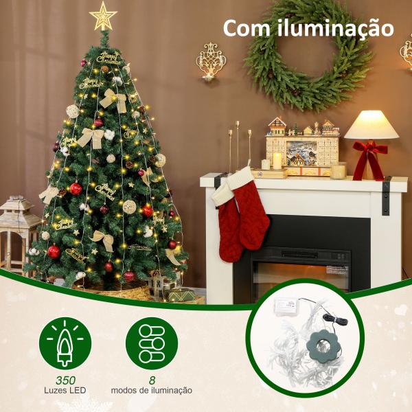 Árvore de Natal de 180 cm com Decorações 200 Luzes LED Branco Quente 8 Modos de Iluminação e 650 Ramos Verde