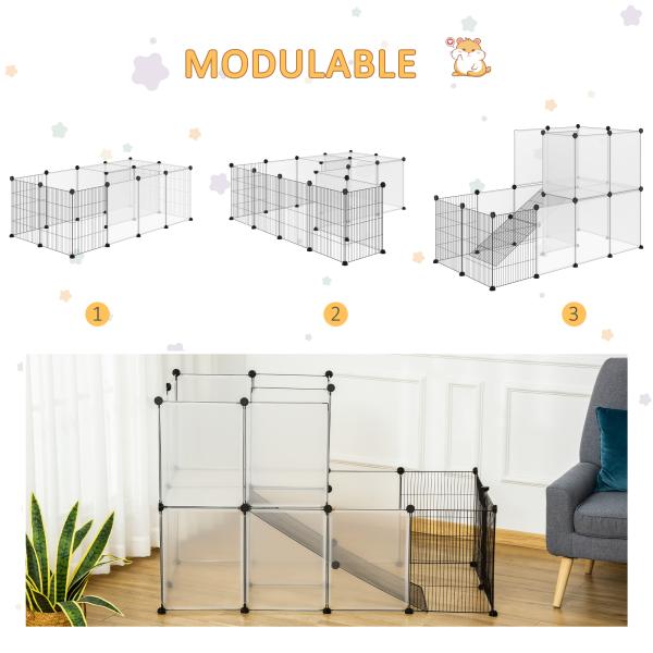 Recinto para Animais de Estimação Pequenos DIY com 21 Painéis de Resina e 6 Painéis de Arame 140x70x90cm Transparente e Preto