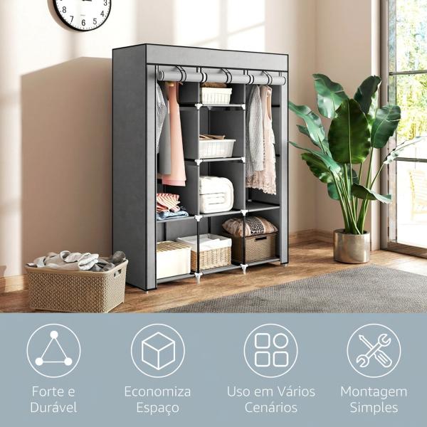Roupeiro de Tecido Dobrável com 8 Prateleiras de Armazenamento e 2 Barras de Pendurar 125x43x162,5cm Cinza Claro