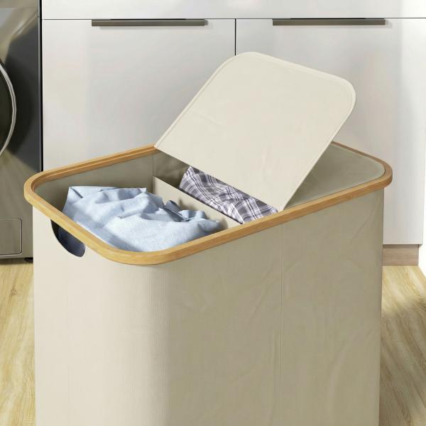 Cesto para Roupa Suja Dobrável com Tampa 80 L em Tecido Não Tecido, 2 Compartimentos, Asas, 54x34x58,5 cm, Bege