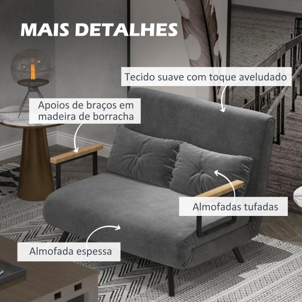 Sofá Cama Sofá Convertível em Cama de 2 Lugares Dobrável com Encosto Ajustável em 5 Níveis e 2 Almofadas 102x73x81 cm Cinza
