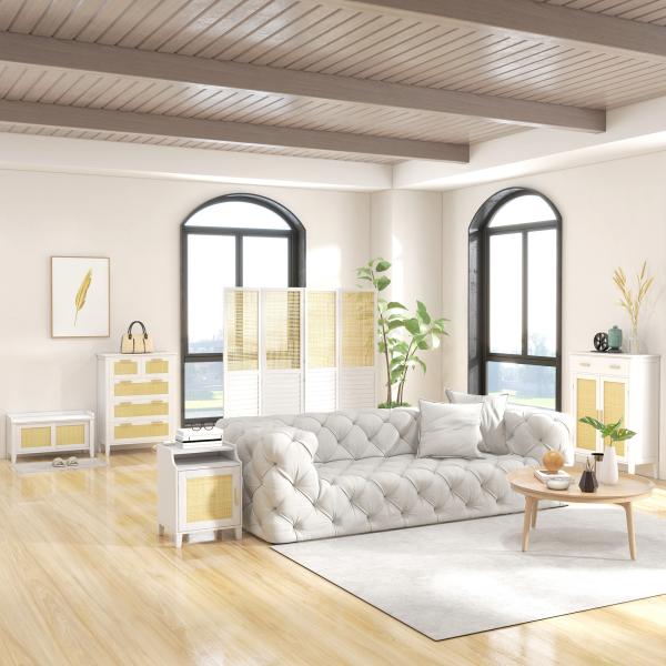 Banco Sapateira com 2 Portas de Vime Estilo Boémio Carga Máxima 130 kg para Corredor Entrada 80x35x45 cm Branco e Bege