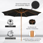 Chapéu de Sol de Jardim Ø300x250cm com Sistema de Polia Teto Ventilado e Mastro Desmontável de Madeira para Terraço Pátio Exterior Preto